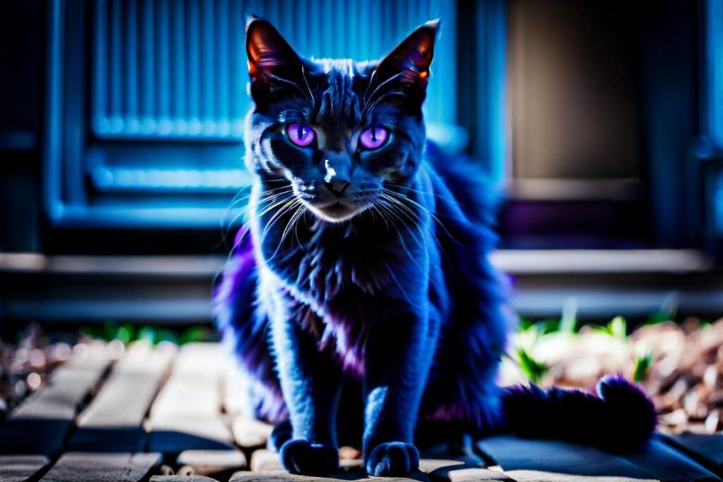 un gato azul con ojos morados